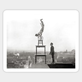 Stuntman Performs Balancing Act, 1917. Vintage Photo Sticker